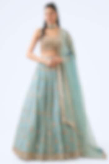 Powder Blue Organza Sequins Hand Embroidered Bridal Lehenga Set by Vvani By Vani Vats at Pernia's Pop Up Shop
