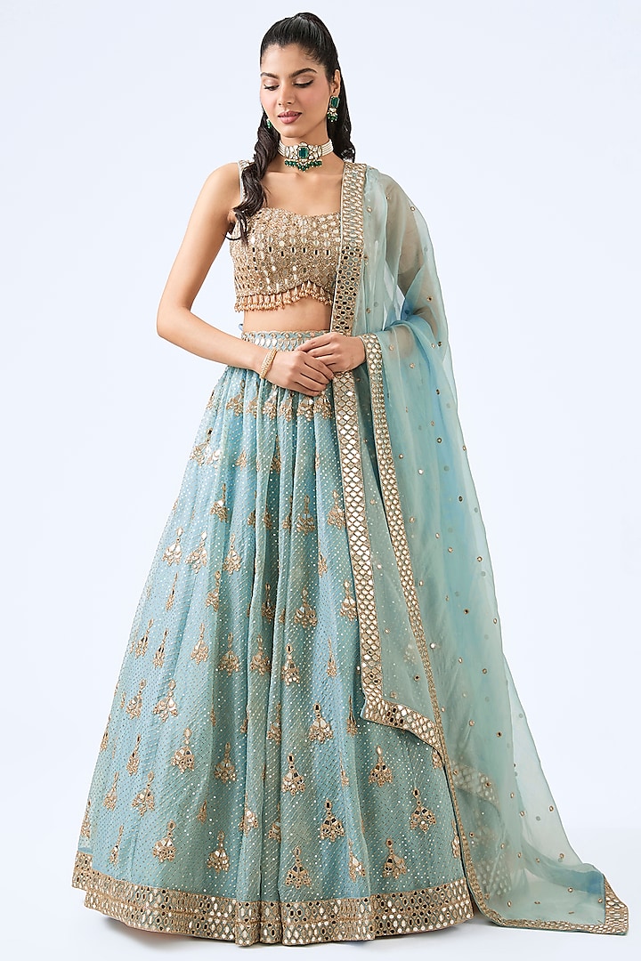 Powder Blue Organza Sequins Hand Embroidered Bridal Lehenga Set by Vvani By Vani Vats at Pernia's Pop Up Shop