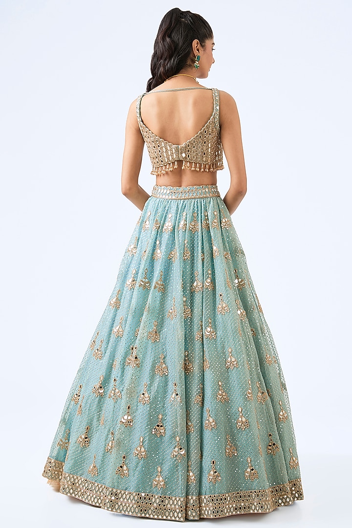 Powder Blue Organza Sequins Hand Embroidered Bridal Lehenga Set by Vvani By Vani Vats at Pernia's Pop Up Shop