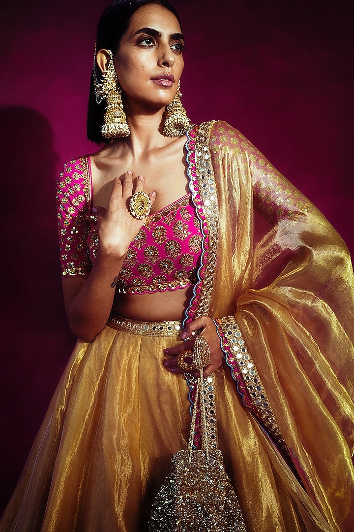 Gold Tissue Zari Embroidered Wedding Lehenga Set by Vvani By Vani Vats at Pernia's Pop Up Shop