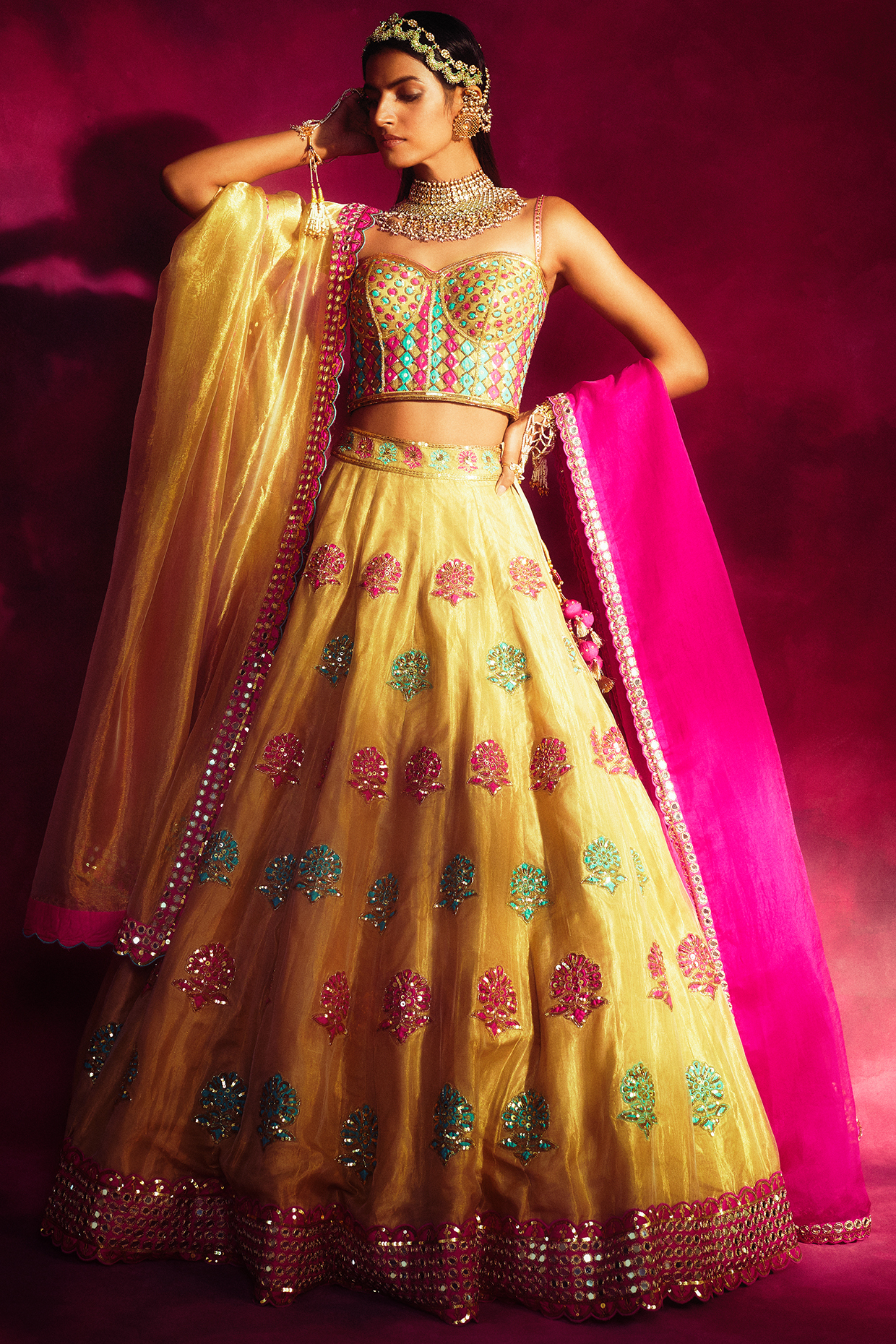 Sea Green & Gold Embroidered Lehenga Set by Vvani By Vani Vats