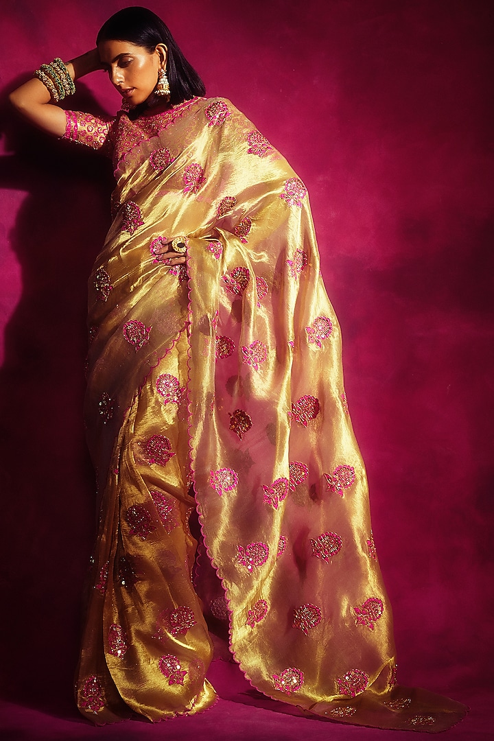 Gold & Hot Pink Embroidered Saree Set by Vvani By Vani Vats