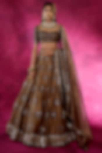 Copper & Teal Embroidered Lehenga Set by Vvani By Vani Vats