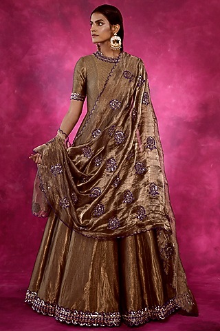 Copper Hand Embroidered Anarkali Set by Vvani By Vani Vats