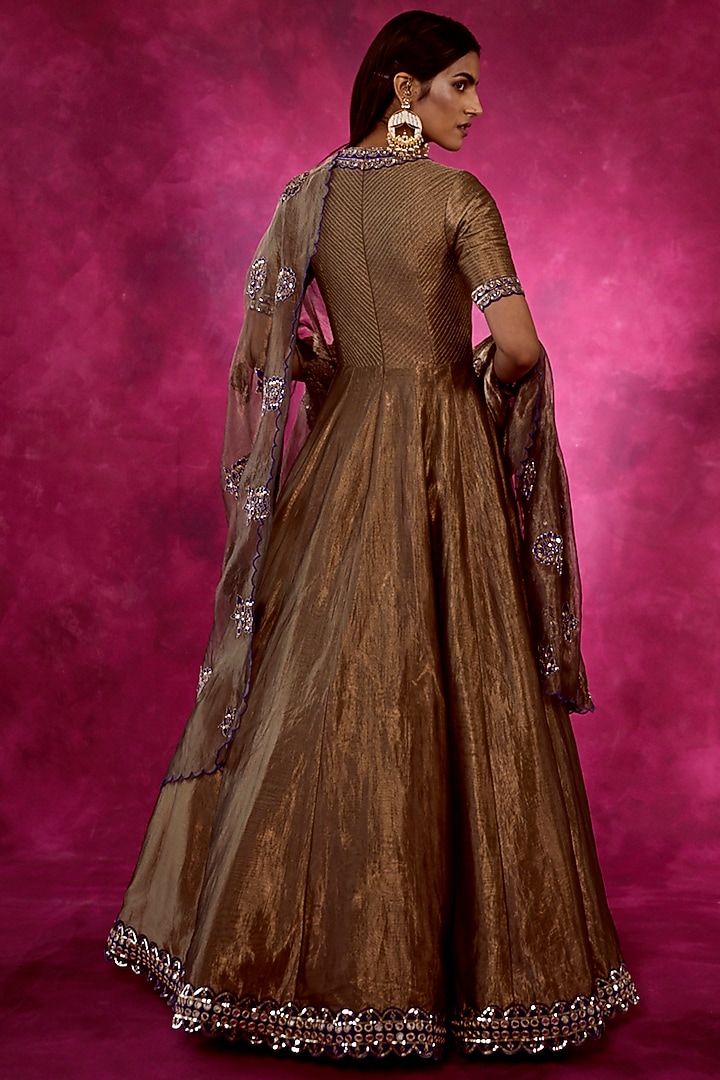Copper Hand Embroidered Wedding Anarkali Set by Vvani By Vani Vats at Pernia's Pop Up Shop