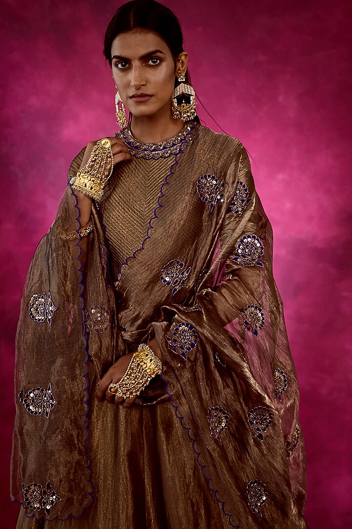 Copper Hand Embroidered Wedding Anarkali Set by Vvani By Vani Vats at Pernia's Pop Up Shop