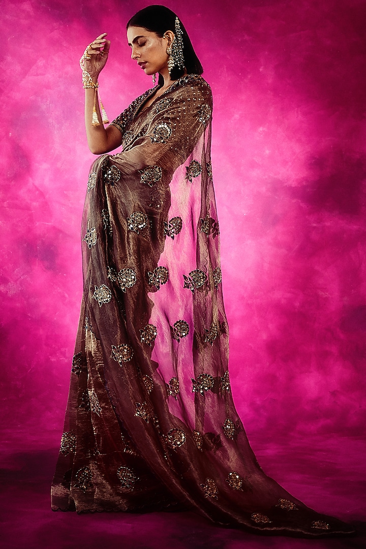 Copper & Teal Tissue Zari Embroidered Wedding Saree Set by Vvani By Vani Vats at Pernia's Pop Up Shop
