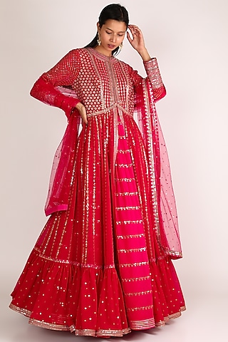 Red Embroidered Anarkali Set by Vvani By Vani Vats