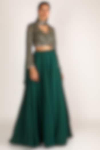 Emerald Green Georgette Embroidered Lehenga Set by Vvani By Vani Vats