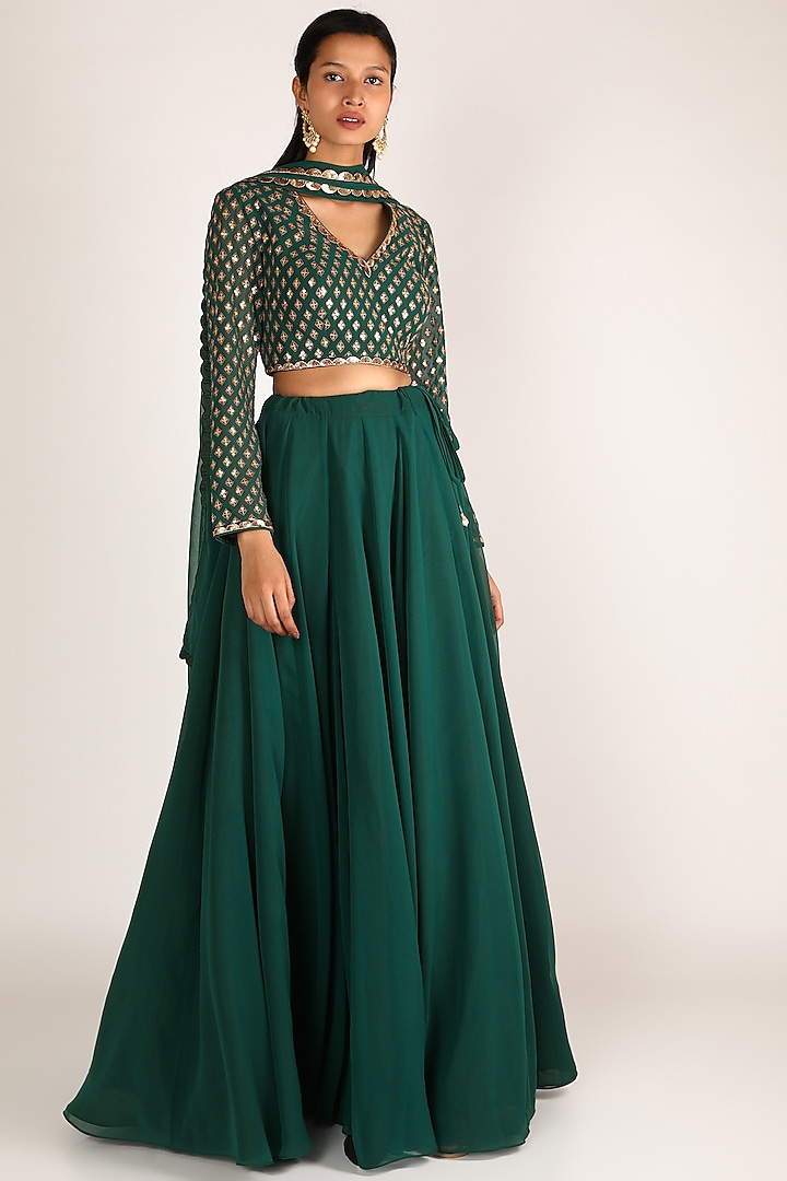 Emerald Green Georgette Embroidered Lehenga Set by Vvani By Vani Vats