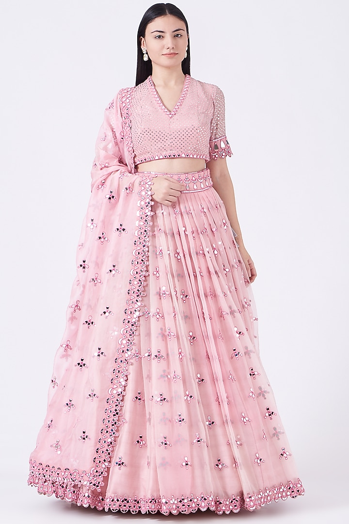 Pink Georgette Hand Embroidered Wedding Lehenga Set by Vvani by Vani Vats at Pernia's Pop Up Shop