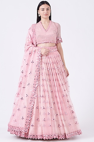 Pink Georgette Hand Embroidered Lehenga Set by Vvani by Vani Vats