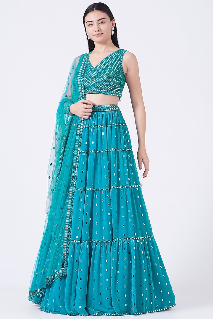 Blue Georgette Hand Embroidered Wedding Lehenga Set by Vvani by Vani Vats at Pernia's Pop Up Shop
