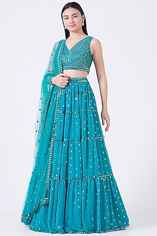 Blue Georgette Hand Embroidered Lehenga Set by Vvani by Vani Vats