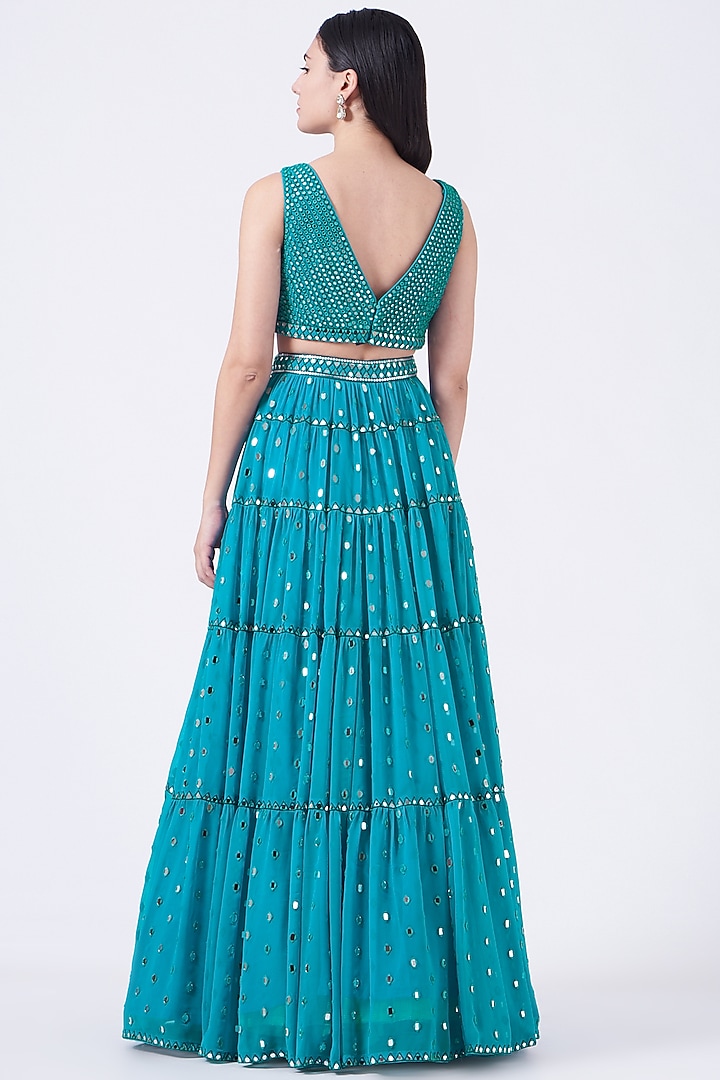 Blue Georgette Hand Embroidered Wedding Lehenga Set by Vvani by Vani Vats at Pernia's Pop Up Shop