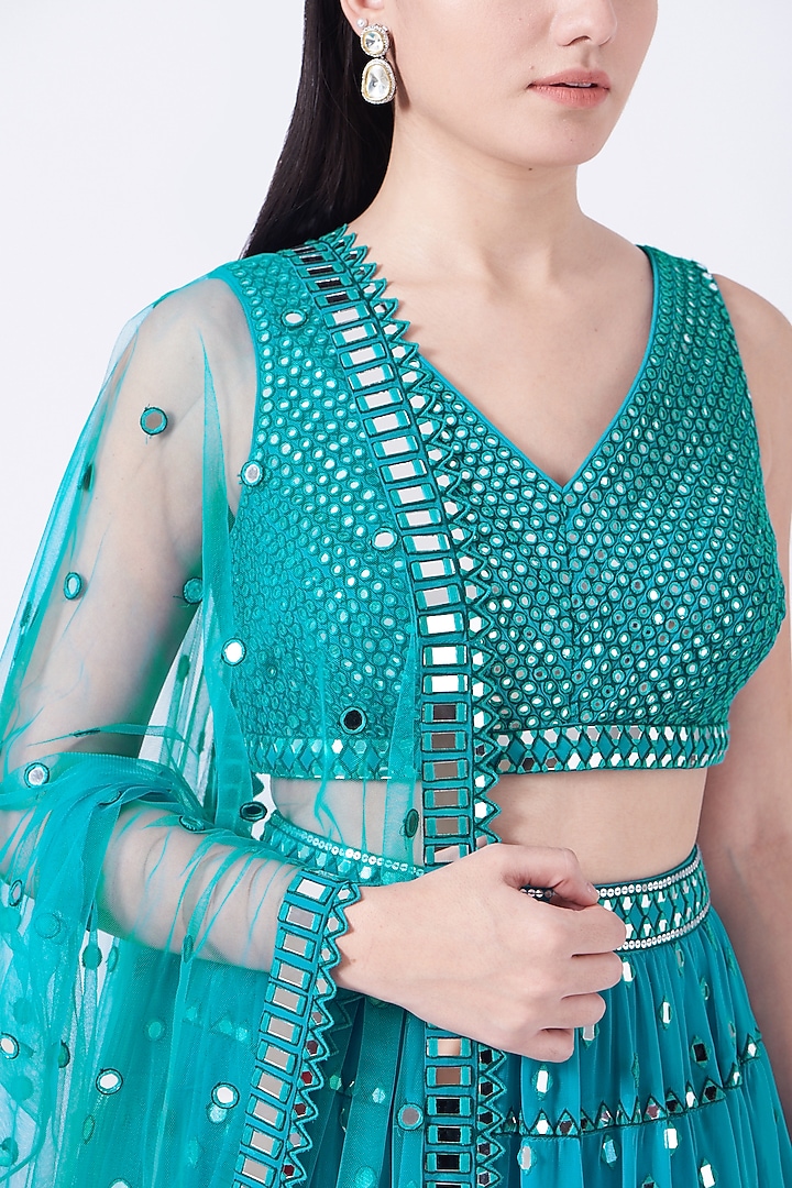 Blue Georgette Hand Embroidered Wedding Lehenga Set by Vvani by Vani Vats at Pernia's Pop Up Shop