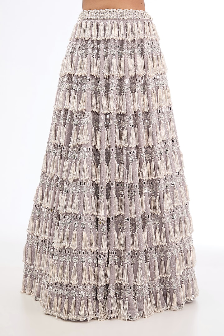 Ash Pink Georgette Pearl Work Bridal Lehenga Set by Vvani by Vani Vats at Pernia's Pop Up Shop