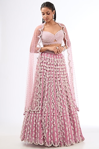 Onion Pink Georgette Pearl Work Lehenga Set by Vvani by Vani Vats