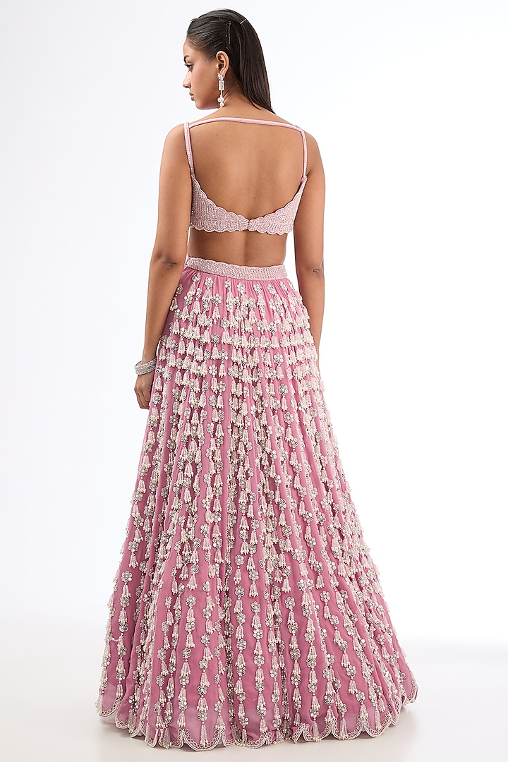 Onion Pink Georgette Pearl Work Bridal Lehenga Set by Vvani by Vani Vats at Pernia's Pop Up Shop