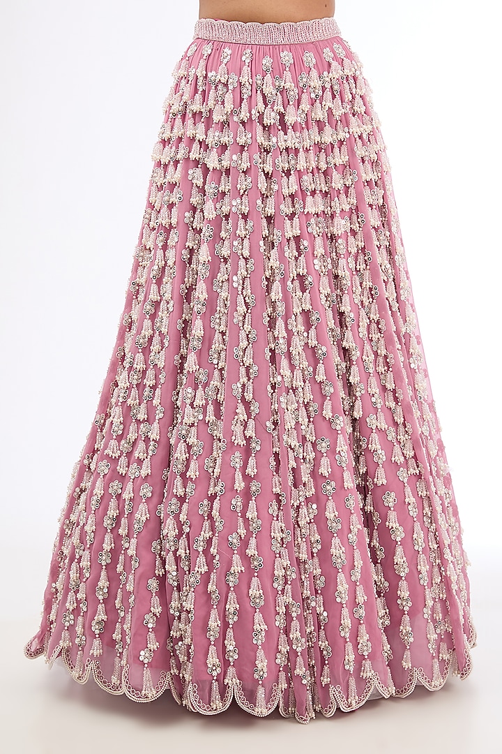Onion Pink Georgette Pearl Work Bridal Lehenga Set by Vvani by Vani Vats at Pernia's Pop Up Shop
