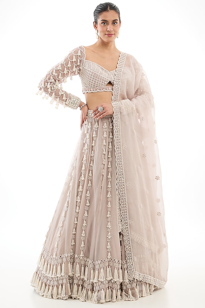 Ash Pink Organza Pearl Embroidered Bridal lehenga for 22 Lehenga Set by Vvani By Vani Vats at Pernia's Pop Up Shop