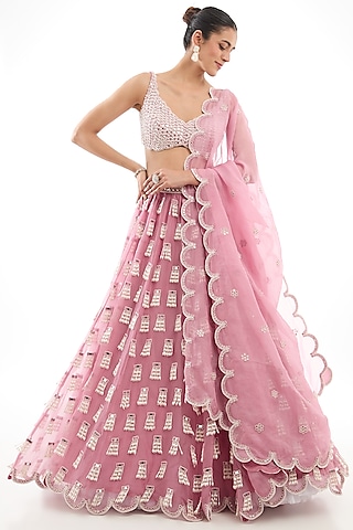 Onion Pink Organza Pearl Embroidered Lehenga Set by Vvani By Vani Vats