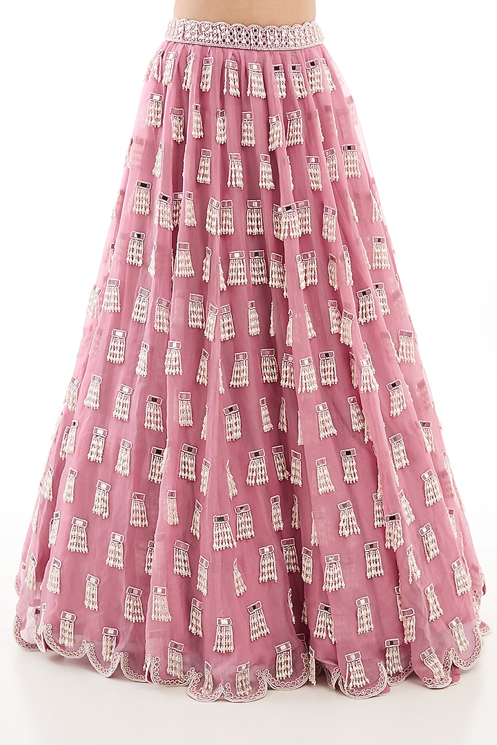 Onion Pink Organza Pearl Embroidered Bridal Lehenga Set by Vvani By Vani Vats at Pernia's Pop Up Shop