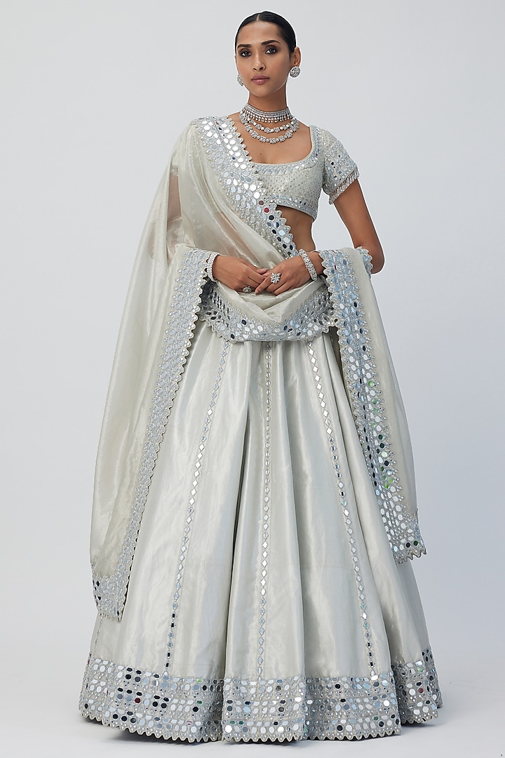 Silver Banarasi Shimmer Organza Bridal lehenga for 22 Lehenga Set by Vvani by Vani Vats at Pernia's Pop Up Shop