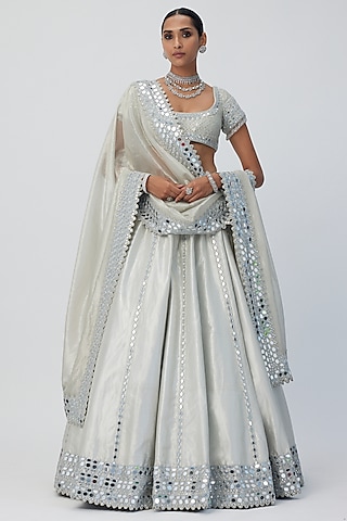 Silver Banarasi Shimmer Organza Lehenga Set by Vvani by Vani Vats
