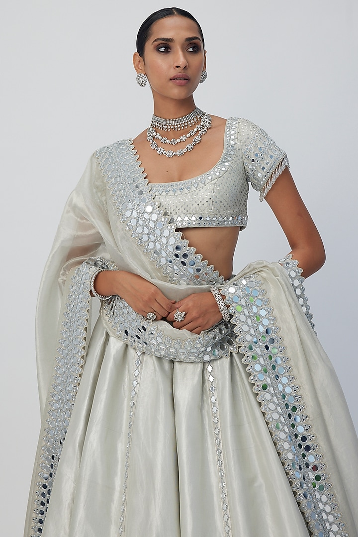Silver Banarasi Shimmer Organza Bridal Lehenga Set by Vvani by Vani Vats at Pernia's Pop Up Shop