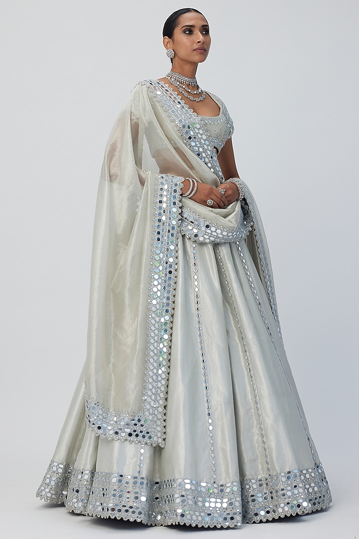Silver Banarasi Shimmer Organza Bridal Lehenga Set by Vvani by Vani Vats at Pernia's Pop Up Shop