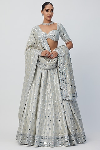 Silver Banarasi Shimmer Organza Lehenga Set by Vvani by Vani Vats