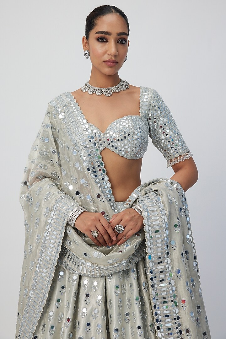Silver Banarasi Shimmer Organza Bridal Lehenga Set by Vvani by Vani Vats at Pernia's Pop Up Shop