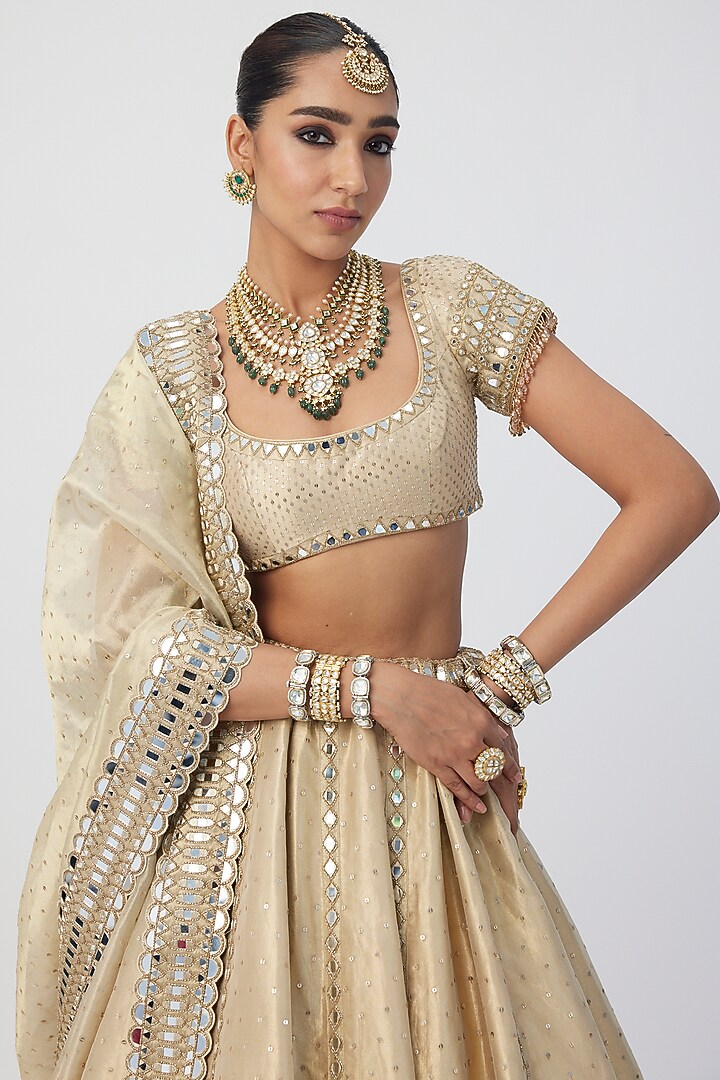 Golden Banarasi Shimmer Organza Bridal Lehenga Set by Vvani by Vani Vats at Pernia's Pop Up Shop