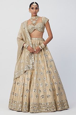 Golden Banarasi Shimmer Organza Lehenga Set by Vvani by Vani Vats