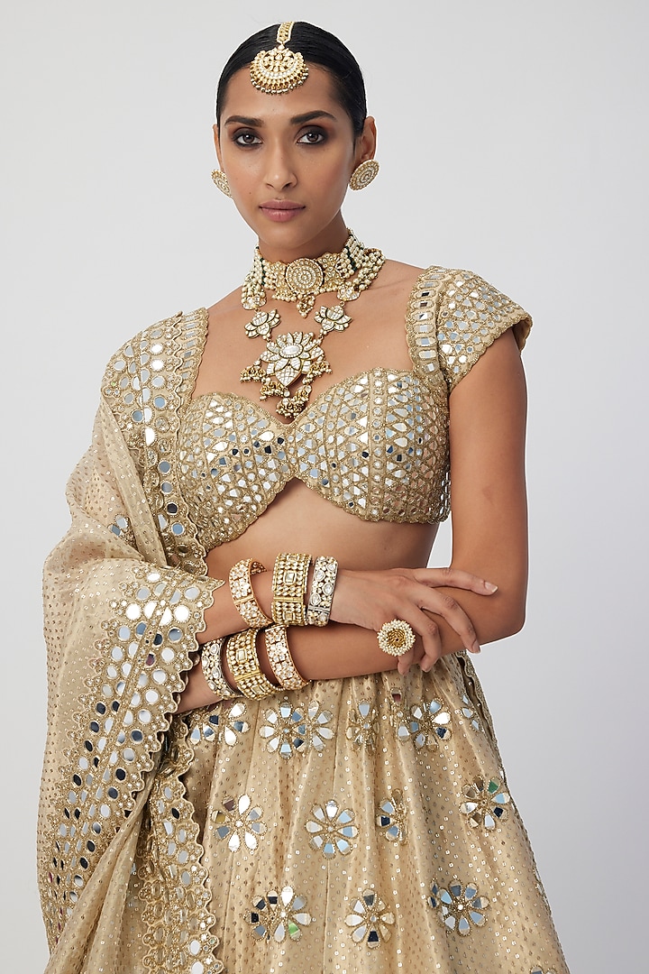 Golden Banarasi Shimmer Organza Bridal Lehenga Set by Vvani by Vani Vats at Pernia's Pop Up Shop