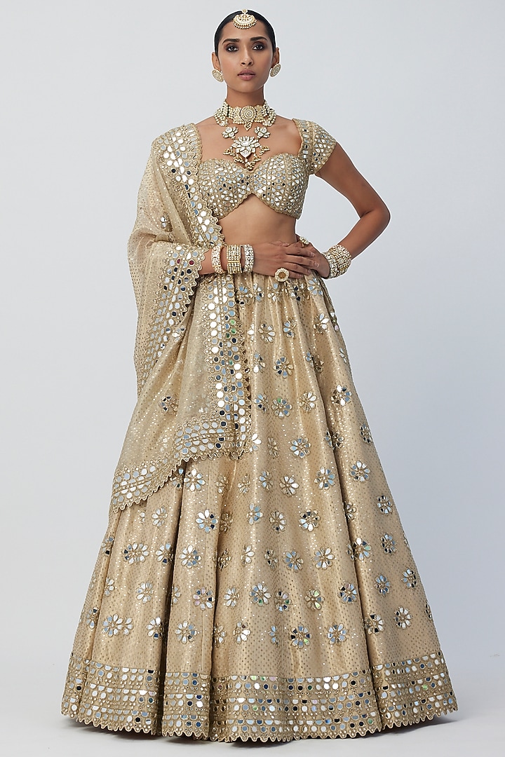 Golden Banarasi Shimmer Organza Bridal Lehenga Set by Vvani by Vani Vats at Pernia's Pop Up Shop