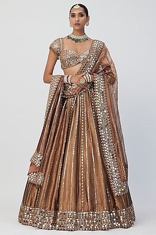 Copper Banarasi Shimmer Organza Lehenga Set by Vvani by Vani Vats