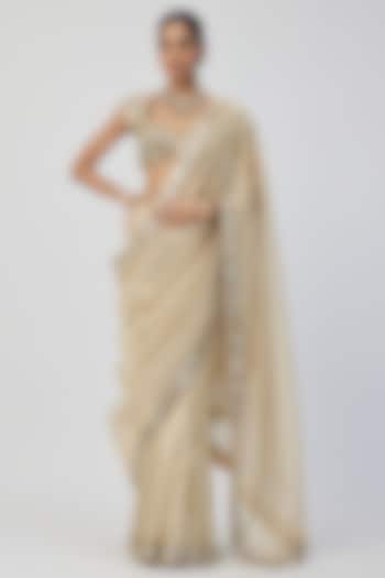 Golden Banarasi Shimmer Organza Reception Saree Set by Vvani by Vani Vats at Pernia's Pop Up Shop