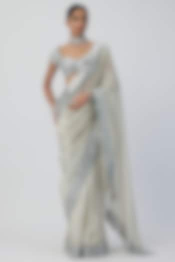 Silver Banarasi Shimmer Organza Saree Set by Vvani by Vani Vats at Pernia's Pop Up Shop