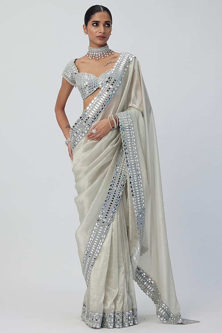 Silver Banarasi Shimmer Organza Saree Set by Vvani by Vani Vats at Pernia's Pop Up Shop