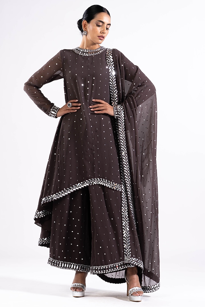 Charcoal Grey Georgette Mirror Embroidered Kurta Set by Vvani by Vani Vats at Pernia's Pop Up Shop