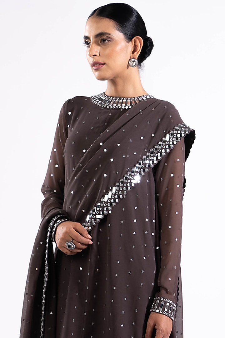 Charcoal Grey Georgette Mirror Embroidered Kurta Set by Vvani by Vani Vats at Pernia's Pop Up Shop