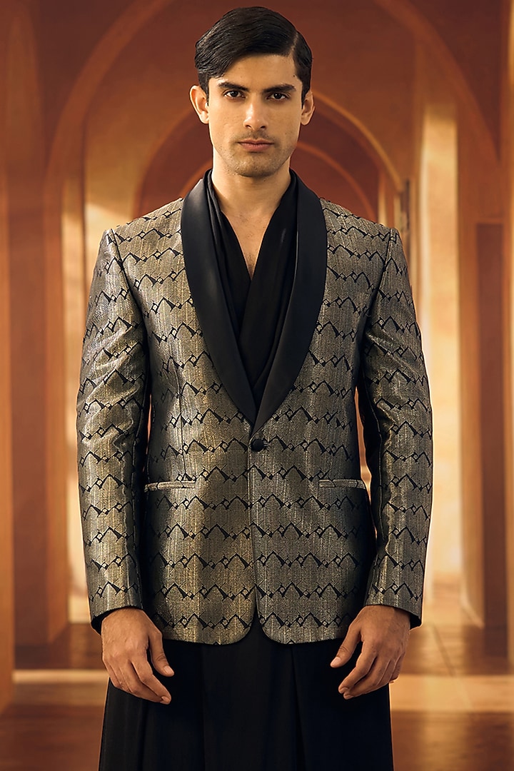 Black & Silver Kanjeevaram Silk Tuxedo by Vivek Karunakaran at Pernia's Pop Up Shop