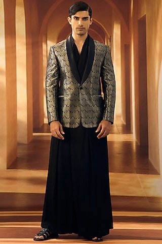 Black & Silver Kanjeevaram Silk Tuxedo by Vivek Karunakaran
