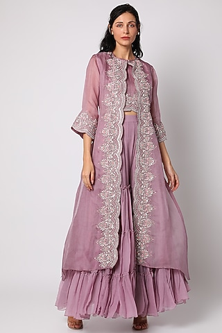 Lilac Hand Embroidered Sharara Set by Vara By Vibha & Priti