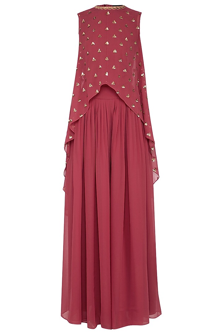 Deep rust embroidered cape with palazzo pants by Vvani by Vani Vats