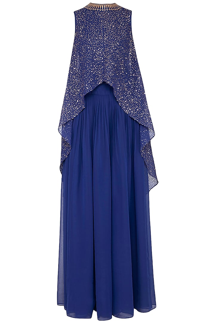 Midnight blue embroidered cape with palazzo pants by Vvani by Vani Vats