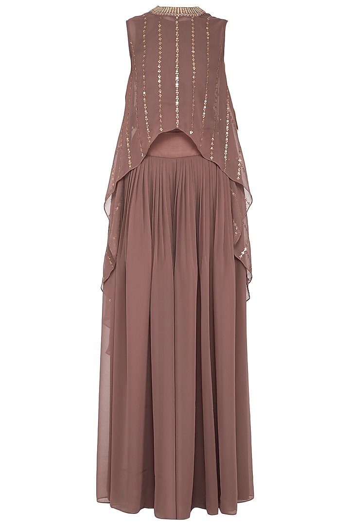 Brown embroidered cape with palazzo pants by Vvani by Vani Vats