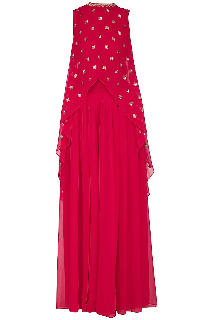 Crimson red embroidered cape with palazzo pants by Vvani by Vani Vats